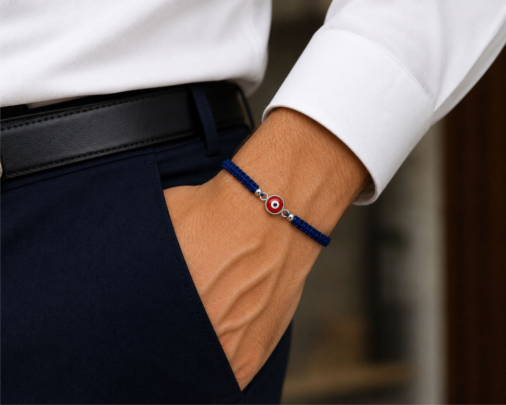 Pulsera Tejida Azul con Ojo Turco Rojo