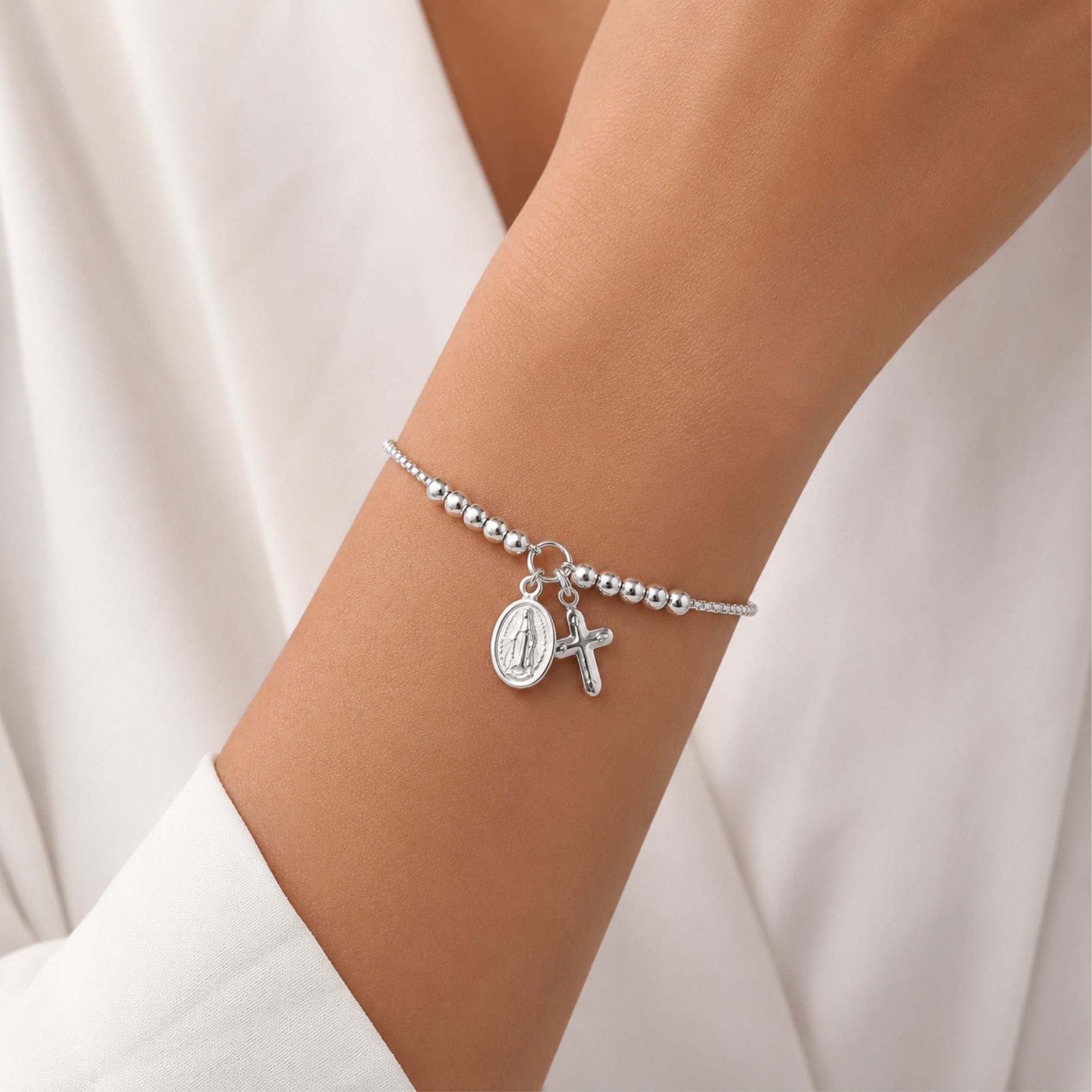 Pulsera Regulable Virgen Milagrosa y Cruz